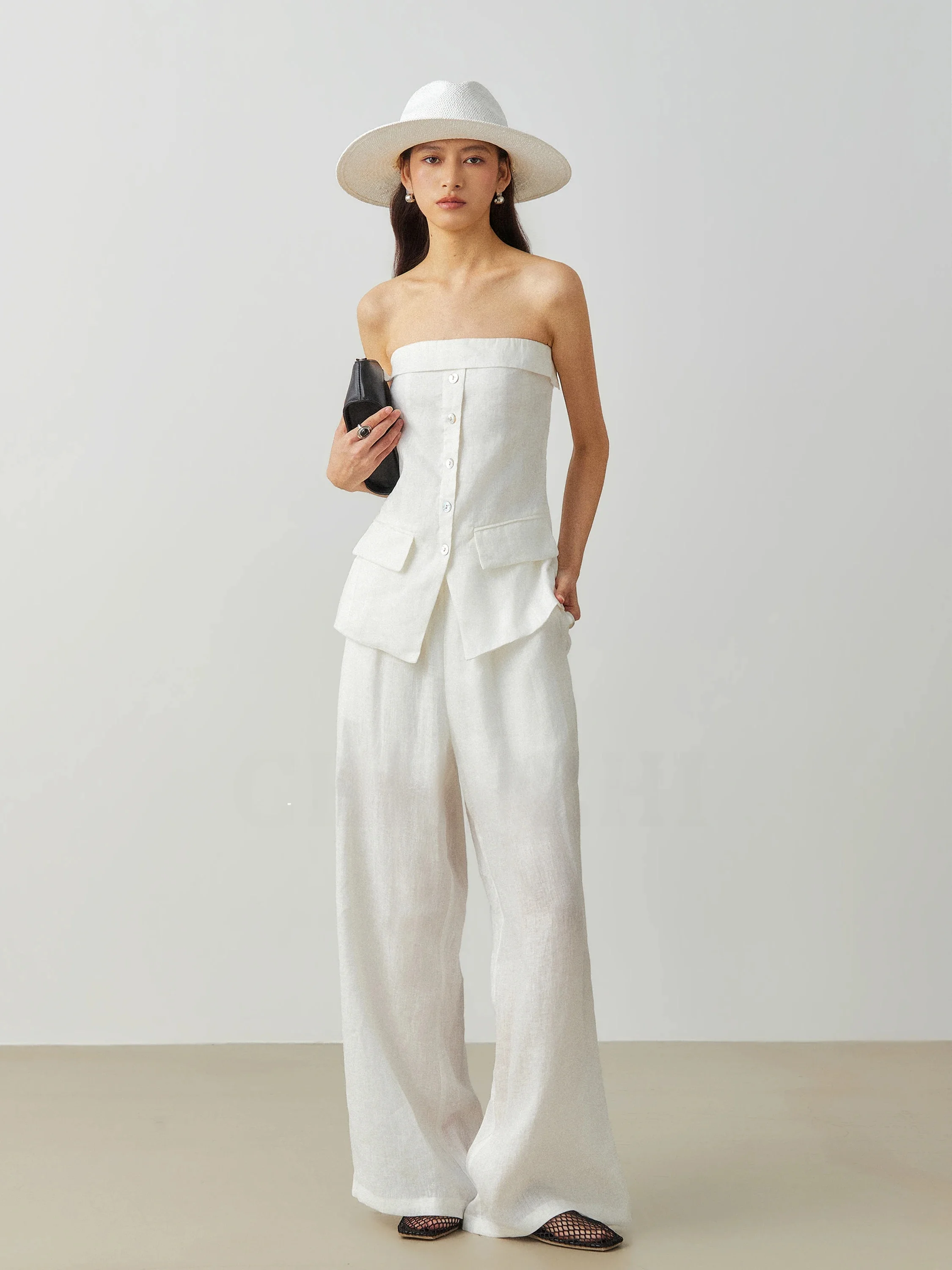 Elegant Linen One-Shoulder Sexy Strapless High-Waisted Draped Wide-Leg Pants Set for Women Business Casual Summer Outfit