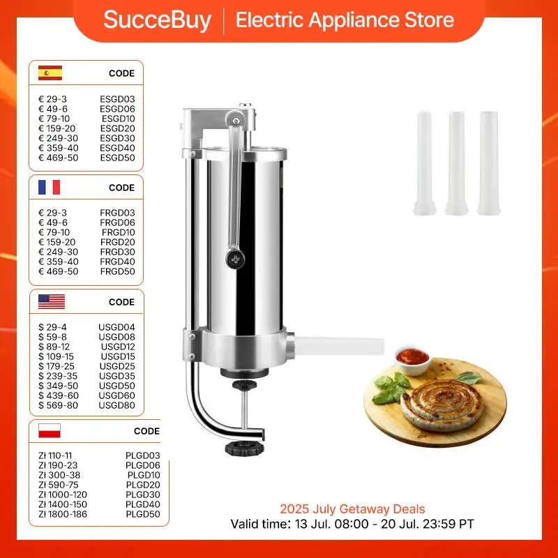 VEVOR 1.5/3L Capacity Vertical Sausage Stuffer Food Filling Processors with 3 Stuffing Tubes Kitchen Accessories Home Appliance