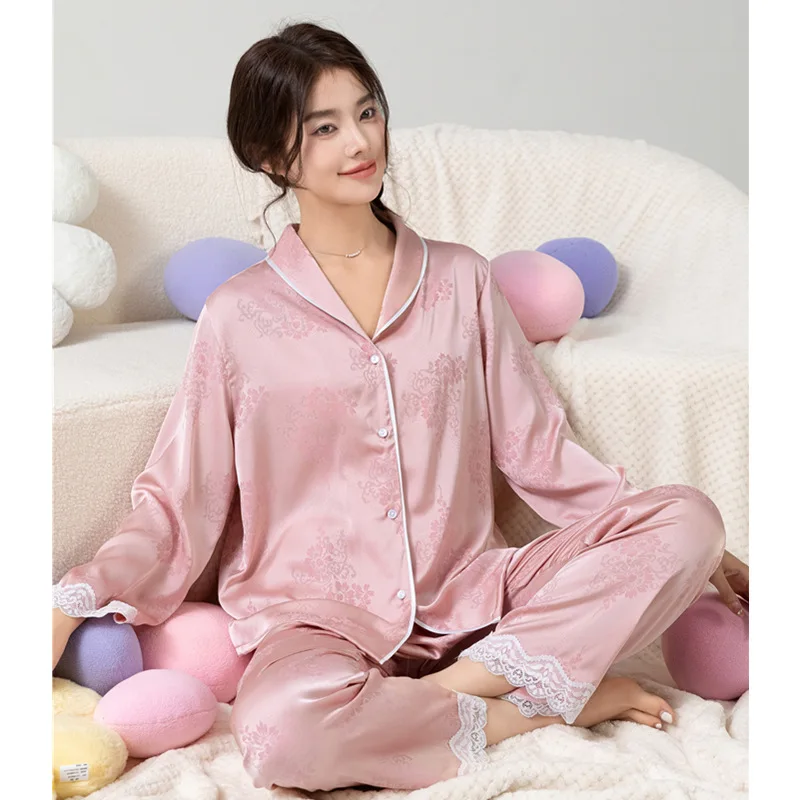 

Lapel Pajamas Set Rayon Home Clothes Women Sleepwear Spring Long Sleeve Shirt Pants 2Pcs Pyjamas Suit Nightwear Homewear