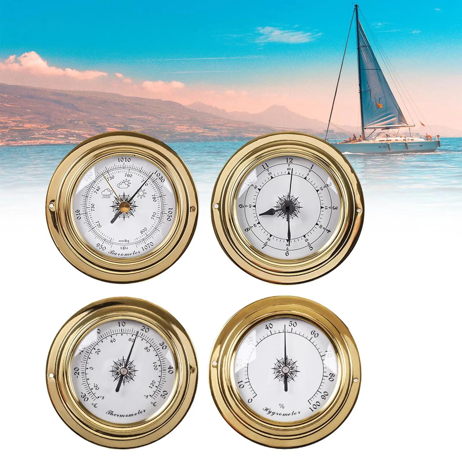 4x Barometers Clock Meter Thermometer Hygrometer Kit Weather Instrument Dia 98mm Set Weather Stations for Boat Yacht Barn
