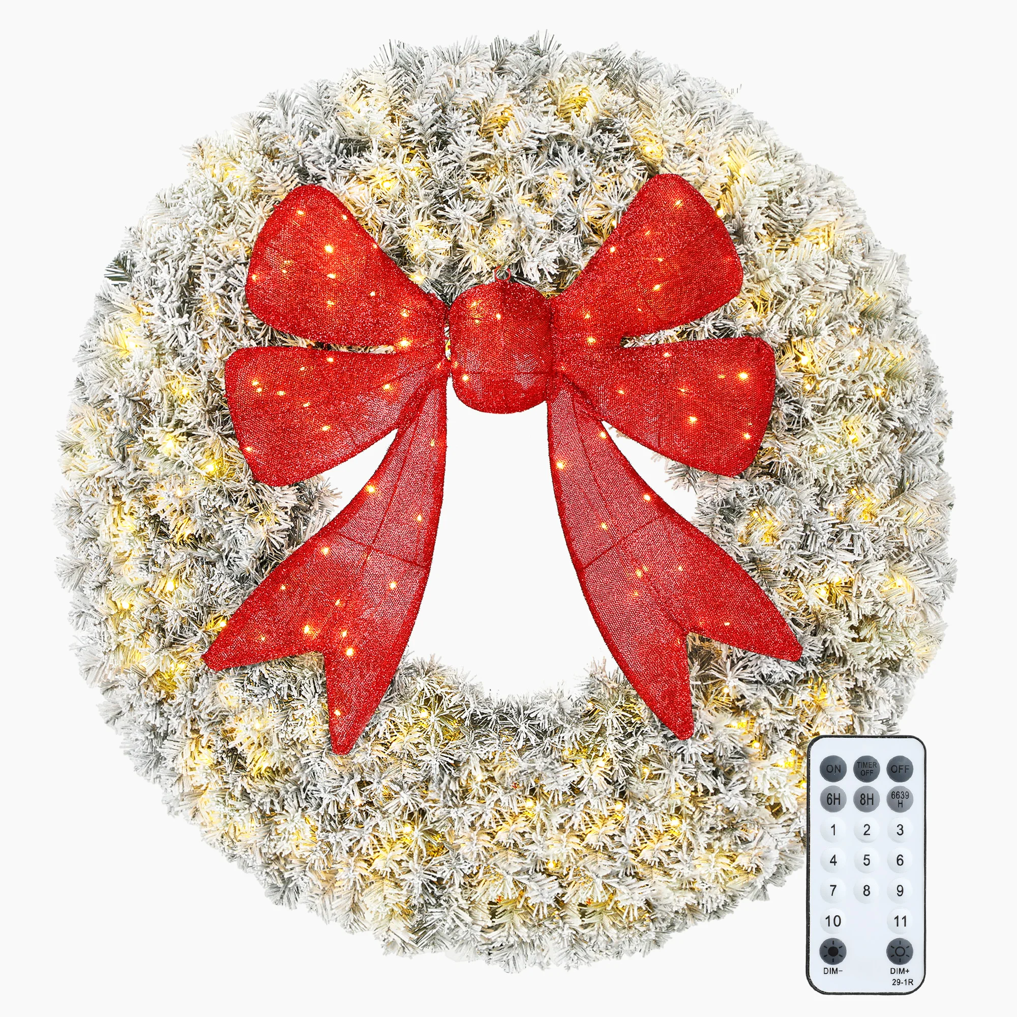 HOMCOM 60in Flocked Pre-Lit Artificial Christmas Wreath with 3D Red Bow, 11 Lighting Modes, Front Door Christmas Wreath with Remote, 300 LED Lights, 996 Tips for Indoor Outdoor Holiday Decoration