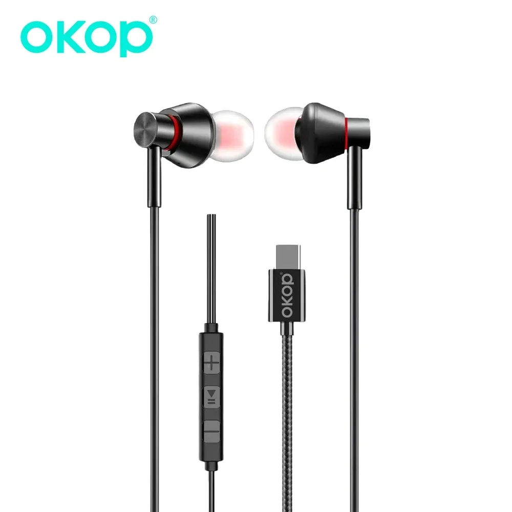 سماعات أذن OKOP يتم التحكم فيها بواسطة الأسلاك، سماعات أذن سلكية، واجهة USB-C، جودة صوت عالية بدون تأخير، سماعات أذن داخلية، سماعات أذن احترافية