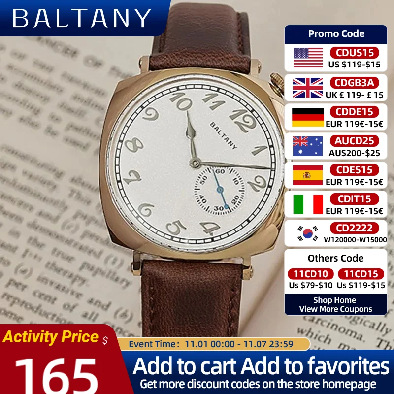 Baltany American 1921 Homage Watches ST1701 Gold Case Sapphire Crystal 5ATM Square Stainless Steel Automatic Dress Wristwatch