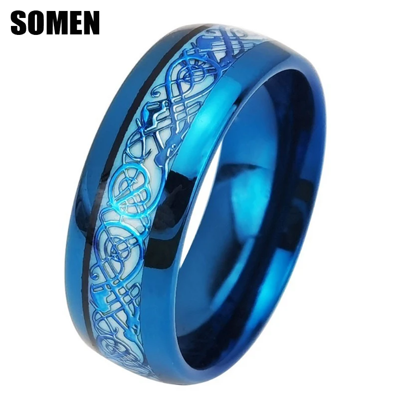 Somen 8mm Blue Tungsten Carbide Ring For Men Blue Dragon Pattern Night Glow Wedding Engagement Ring Fashion Jewelry Comfort Fit