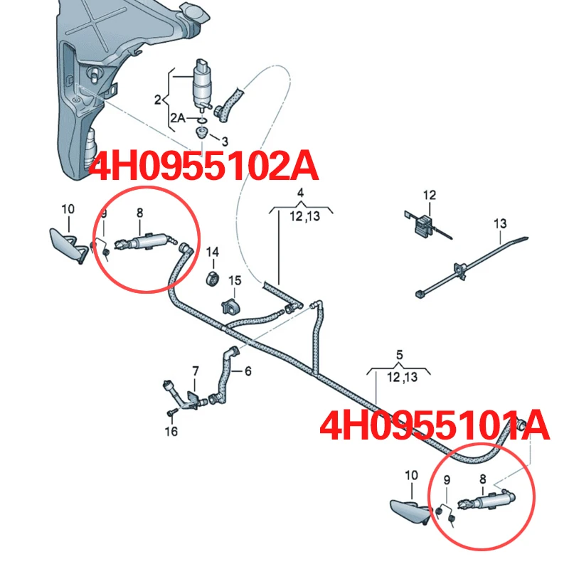 4H0955101A 4H0955102A for Audi A8 D4 2010-2014 Cleaning Device for Headlight Nozzle of Car Headlights Spray Gun