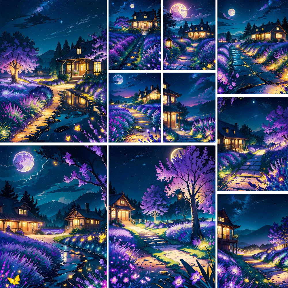 Landscape Lavender Moon Night Printed Cross Stitch Full Kit Embroidery Needlework Craft Handicraft Painting Package Stamped Gift