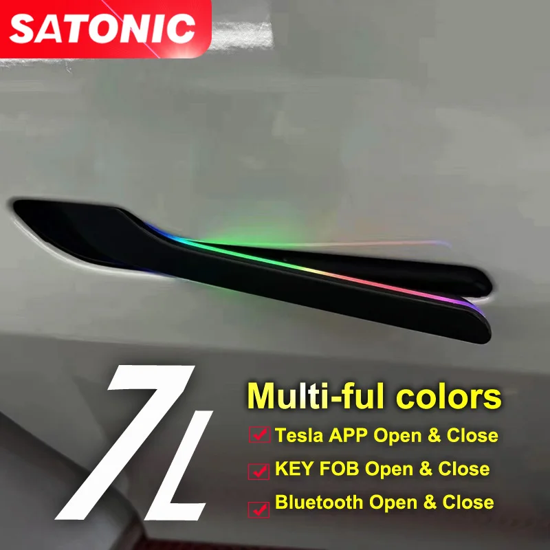 SATONIC V7L 멀티 컬러 LED 문짝 핸들 바, 테슬라 모델 3 Y용 소프트 클로즈 문짝, 앱 스크린 키 FOB, 방수 IPX6