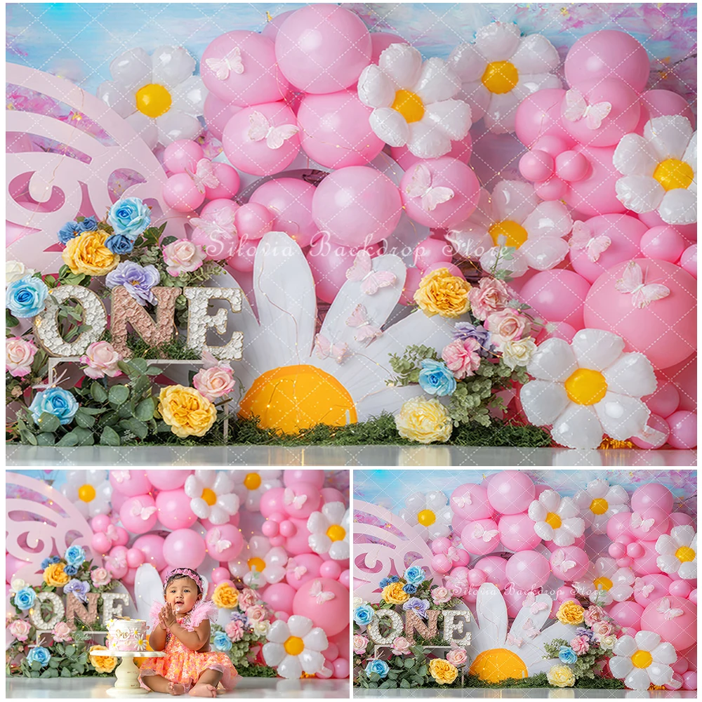 

Little Miss Daisy Photography Backdrop Girl First Birthday Cake Smash Photo Background Pink Balloon Flowers Photo Studio Props