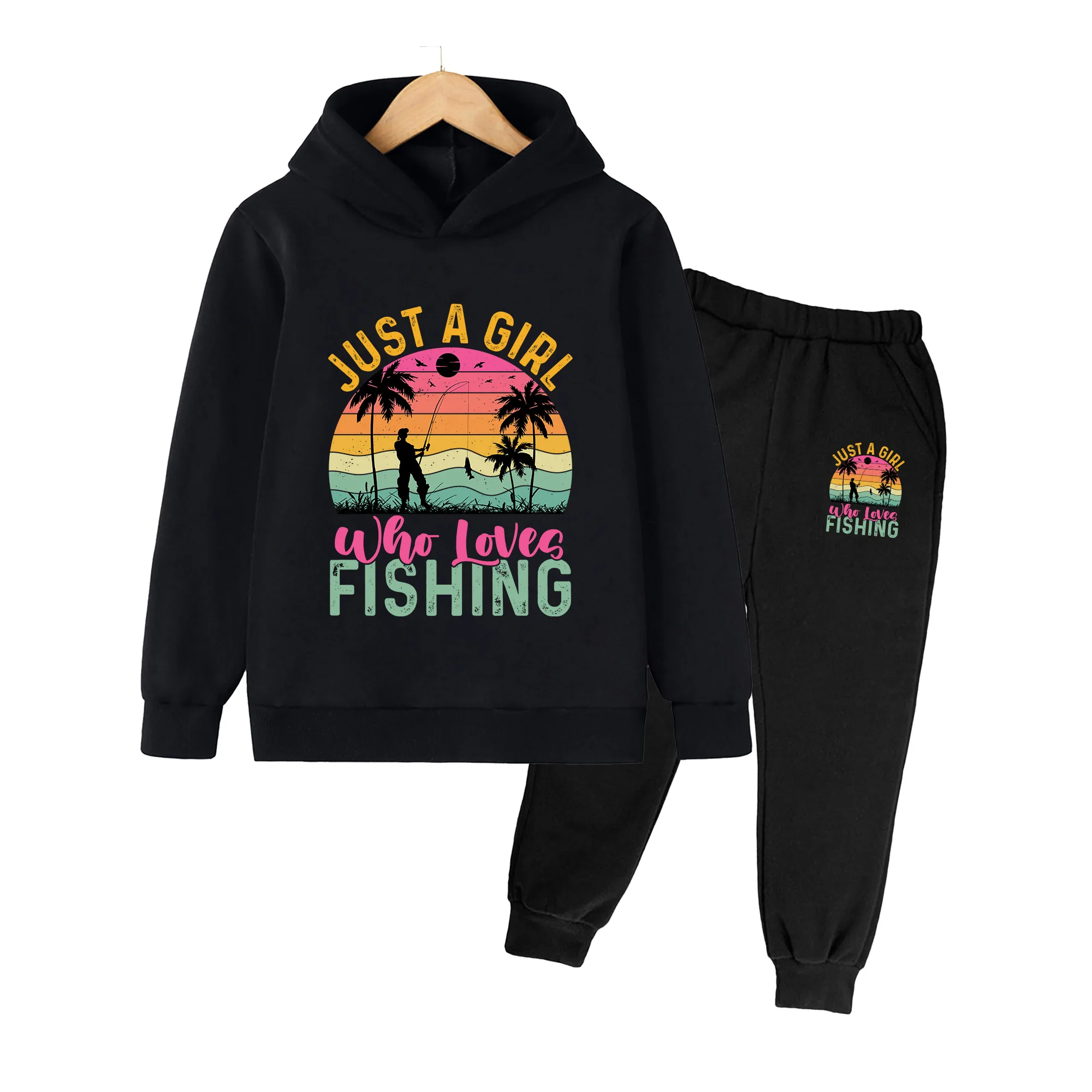 Kids Hoodie & Pants Set, Fishing Print Casual Tracksuit, Retro Tropical Style for Boys Girls Outdoor Activities