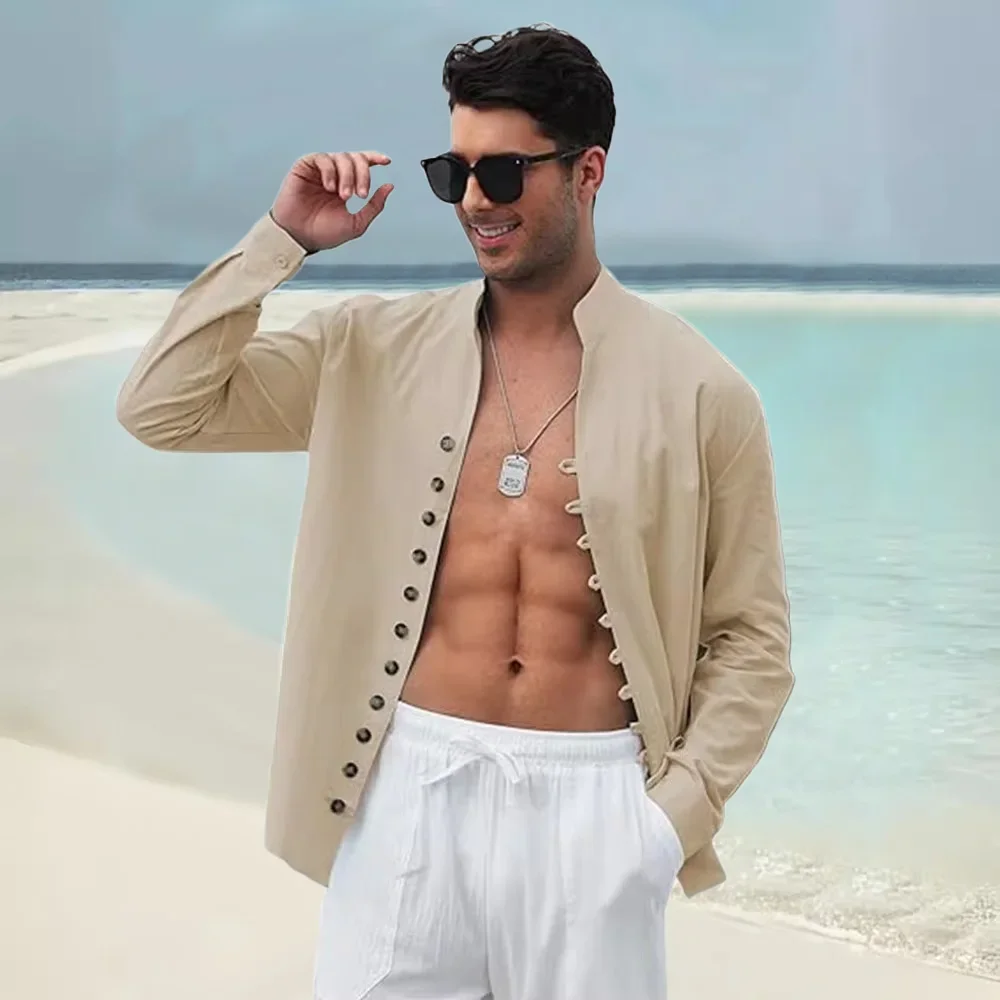 

Spring Autumn Casual Long Sleeve Linen Cotton Shirt For Men Solid Color Daily Button Shirt Vintage Beach Hawaiian Cozy Shirts