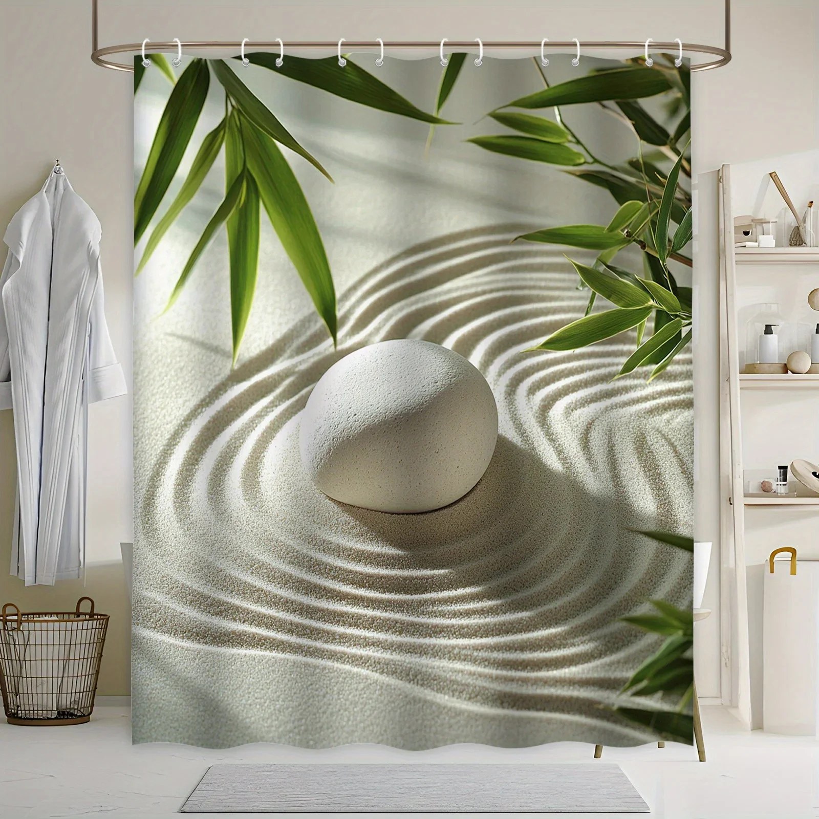 YXZen Garden Bath Curtain - White Pebble & Raked Sand, Bamboo Leaves, Polyester, 12 Hooks, Machine Washable, Meditative Decor
