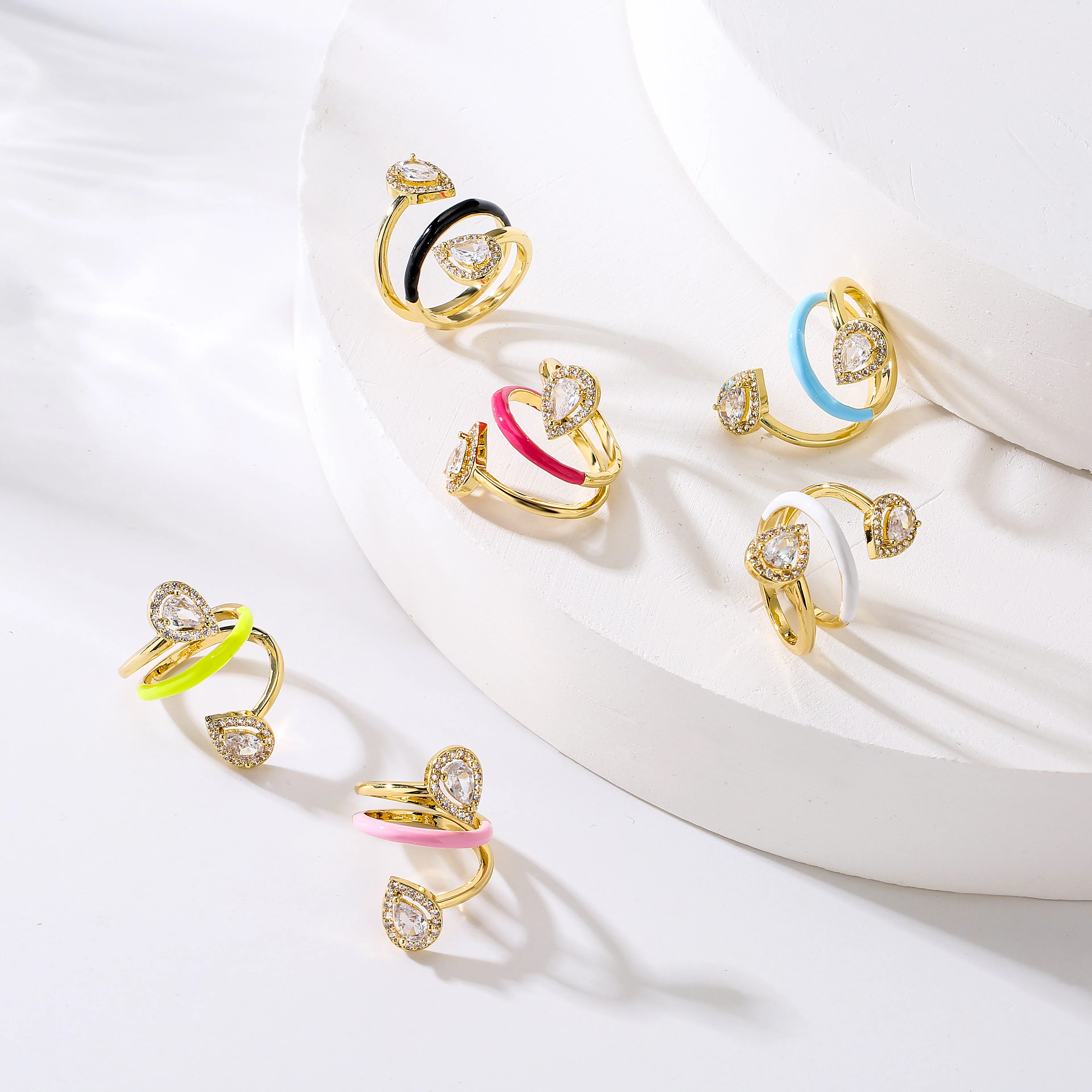 HECHENG,Summer New Colorful Neon Enamel Open Adjusted Finger Ring For Women Fluorescent Fashion Copper Zircon Jewelry