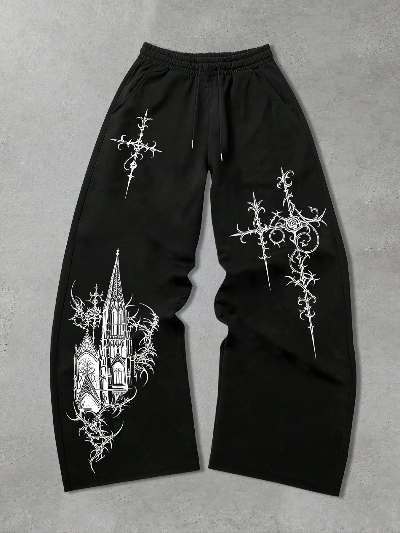 Men's Casual Sports Jogging Pants, Castle Thorn Pattern Printed Sweatpants, Drawstring Wide Leg Casual Pants