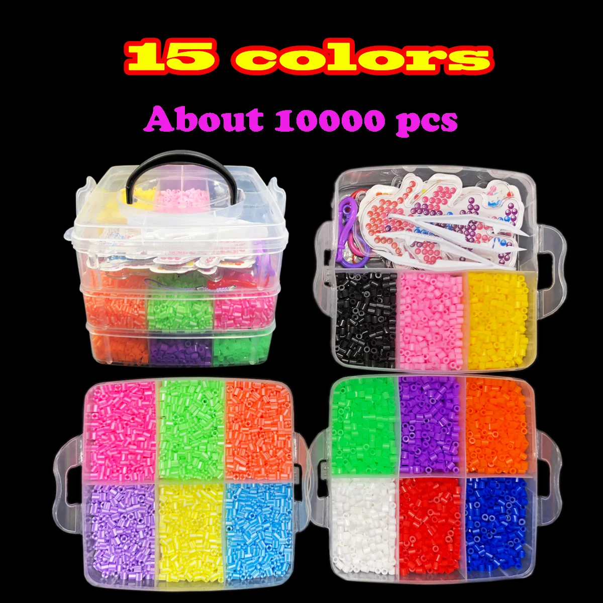 10000 Pcs Fuse Beads Craft Set, Creative DIY Kit with Storage Box, Pegboards, Ironing Paper Chain Accessories Colorful Crafts