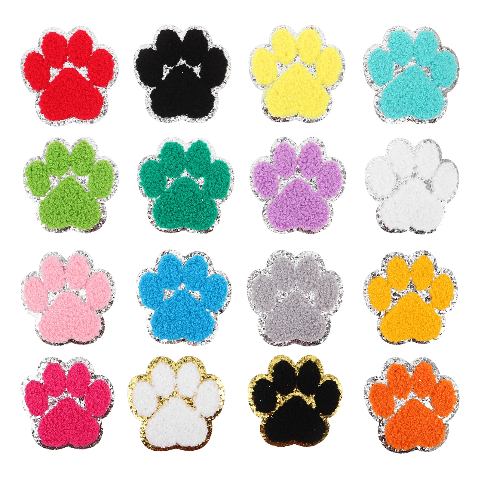 

16Pcs Cute Paw Print Iron on Embroidered Patches Silver Edge Applique Set DIY Clothes Bags Hats Repair Patch Dog Paw Patches