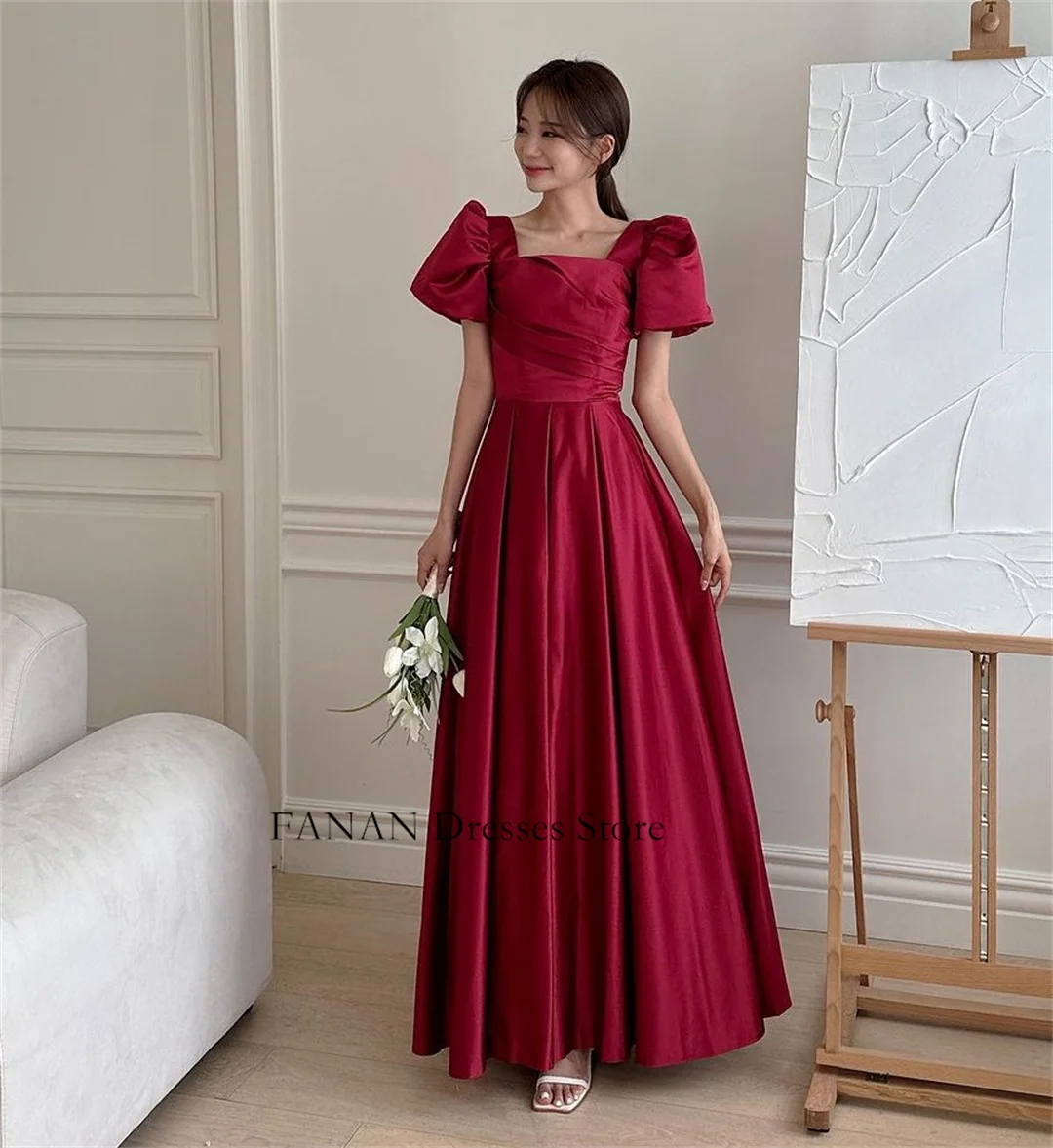 

FANAN Square Neck Evening Party Dresses Korea Satin Puff Sleeves Corset Simple Wedding Women Gowns Event Prom Gowns Customized