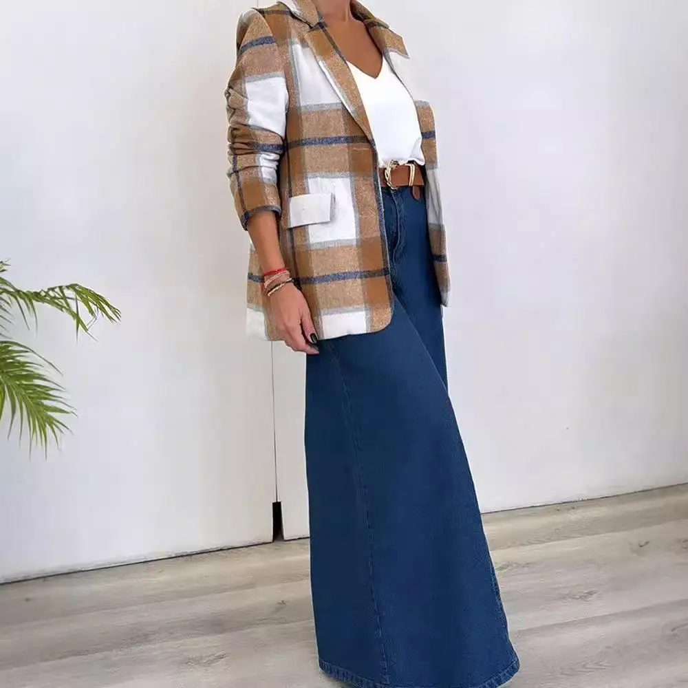 패셔너블 캐주얼 울 체크 코트 싱글 버튼 수트 칼라 여성용 가을 겨울 아우터웨어 폴리에스터 섬유 슬림 핏