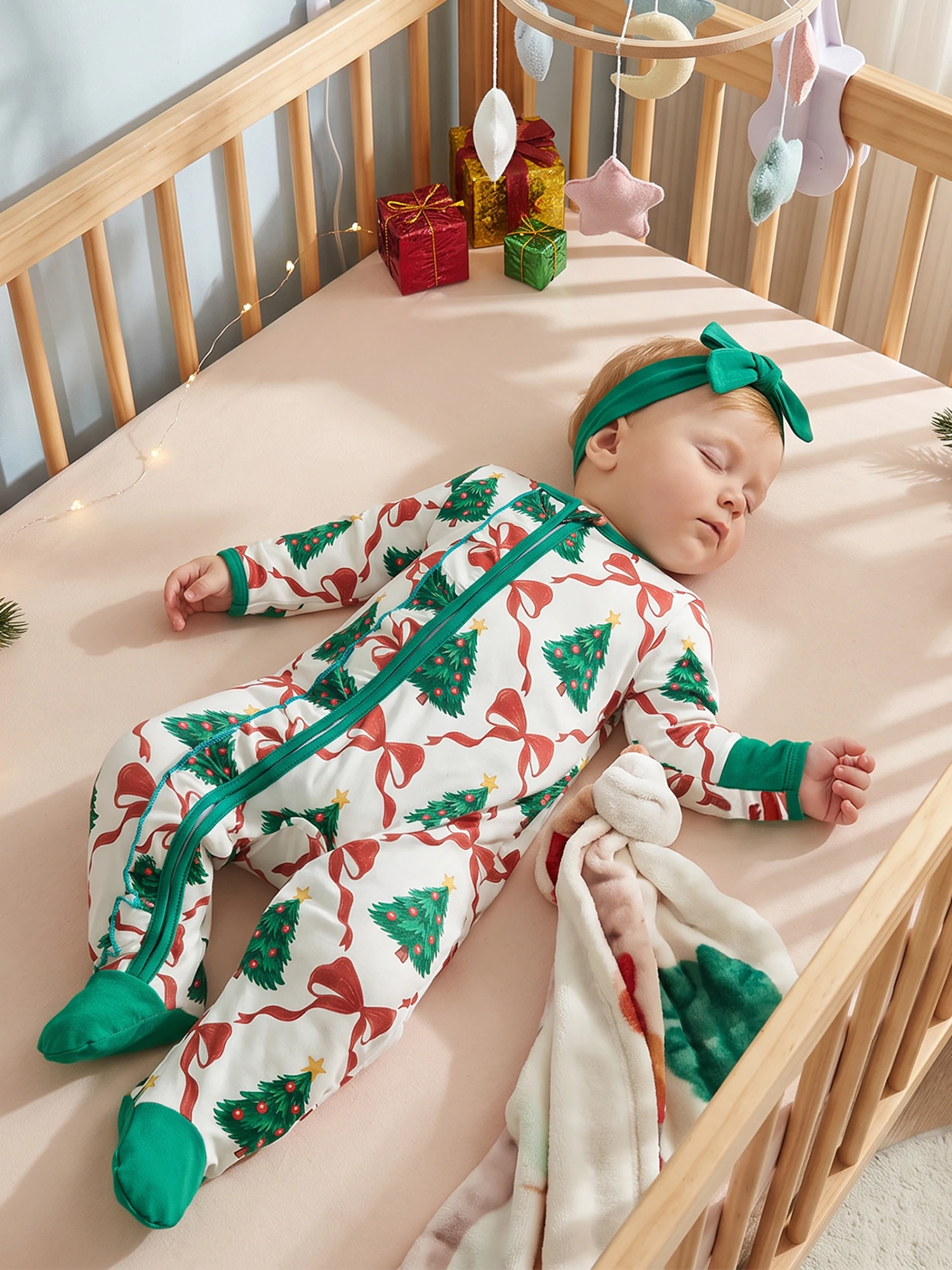 Long Romper Santa Print Sleeve Jumpsuit With Headband Girl Christmas Romper Santa Print Jumpsuit High Quality
