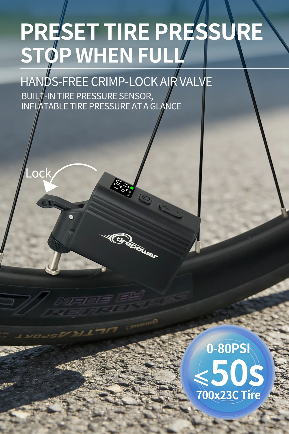 120 PSI Tragbare Elektrische Luftpumpe mit Anpassbarer Reifendruckanzeige für MTB und Rennräder mit Schrader- und Presta-Ventil – Detail 26