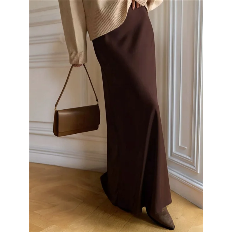 ASDS-Damen-Maxiröcke aus Satin mit hoher Taille und langem Reißverschluss in A-Linie