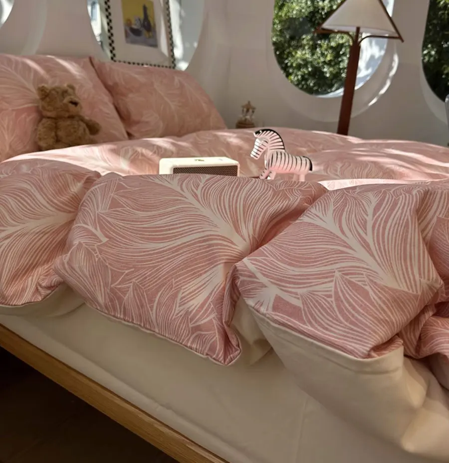 Vintage french pastoral leaf pink bedding set,twin full queen king sand cotton home textile bed sheet pillow case quilt cover