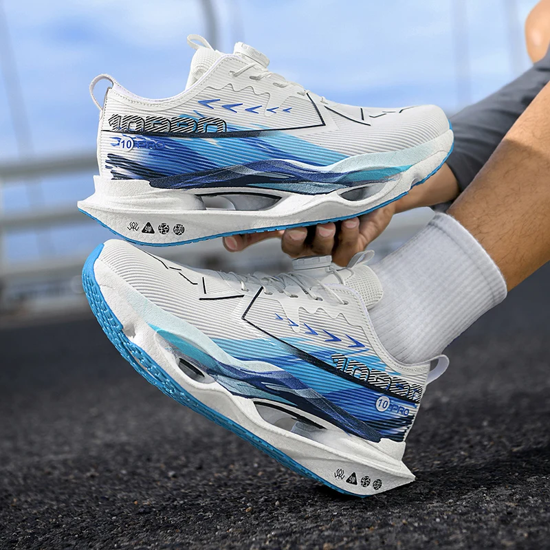 Herren-Freizeitsportschuhe mit Drehverschluss, professionelle Laufschuhe mit Carbonplatte, Unisex-Laufschuhe mit farbverlaufendem, atmungsaktivem Mesh-Material, hohe Rückfederung, stoßdämpfend, verhindert Verdrehungen, rutschfest, abriebfest, für Langstreckenläufe, Training, Fitness, Freizeitsportschuhe. – Detail 4