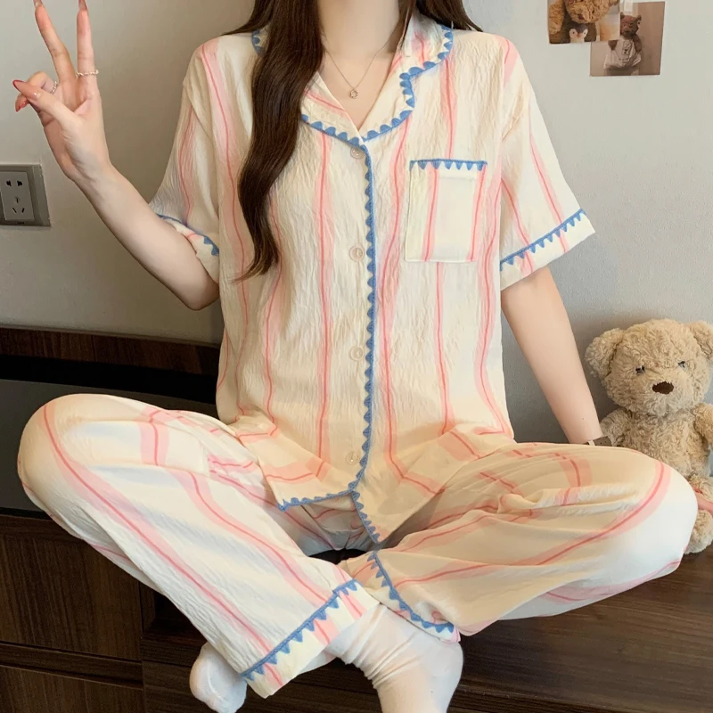 

Summer Thin Sleepwear Girls' Short Sleeved Pants Pink Cute Shell Edge Home Clothes Women's Pajamas Homewear Student Nightwear