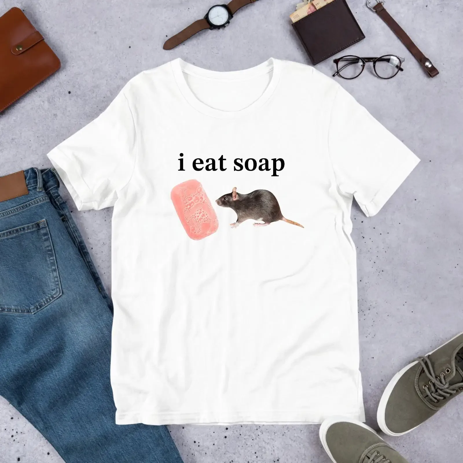 I Eat Soap Rat Meme Funny T Shirt Ironic Weirdcore Oddly Specific Unhinged Cursed Cringey Lover Casual Top vintage Washed