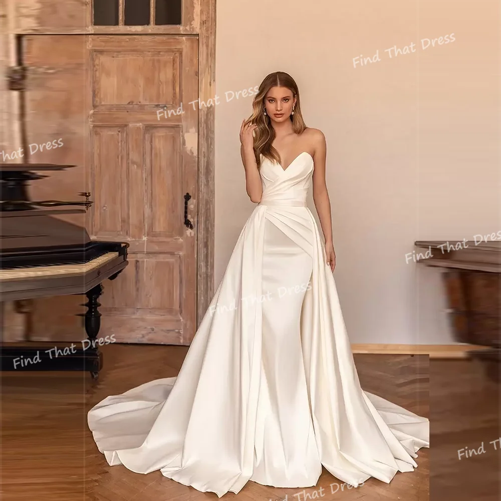

Custom Made Classic Off Shoulder Satin Pleated Sexy Mermaid Backless Bridal Dress with Detachable Train robes de soirée