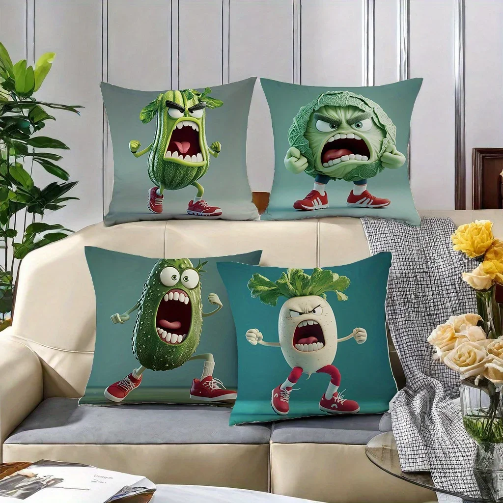 Set of 4 Fun Vegetable Character Throw Pillows - Green, Leafy, and Funny Produce Designs for Home Decor