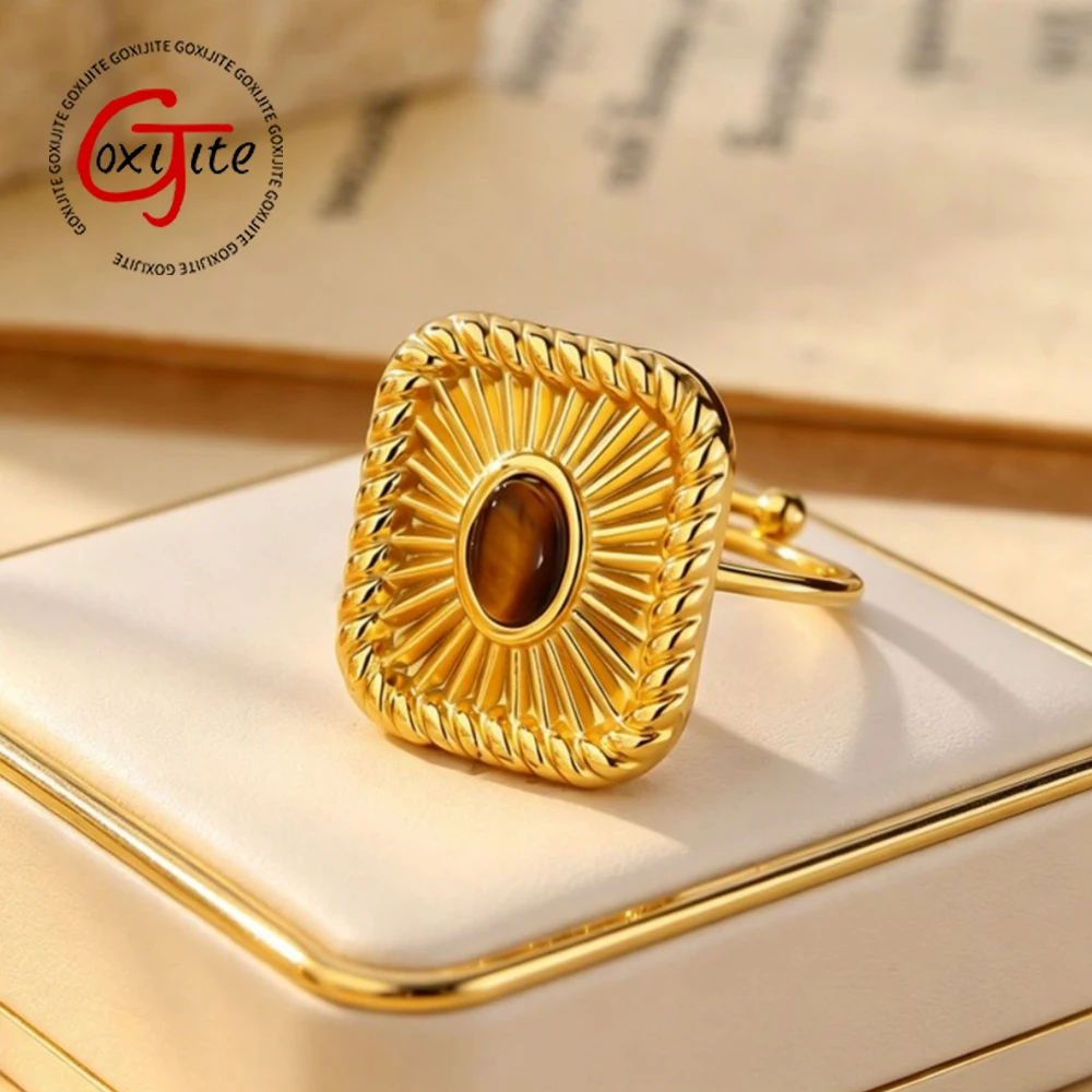 Gold Color Stainless Steel Open Ring For Women Vintage Square Sunburst Stone Rings Adjustable Waterproof Statement Jewelry Gift