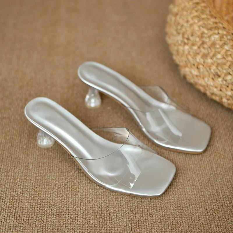 Transparent PVC Slip On Slippers  Wedge Sandals In Silver sleek square toe and flared heel  metallic color women shoes