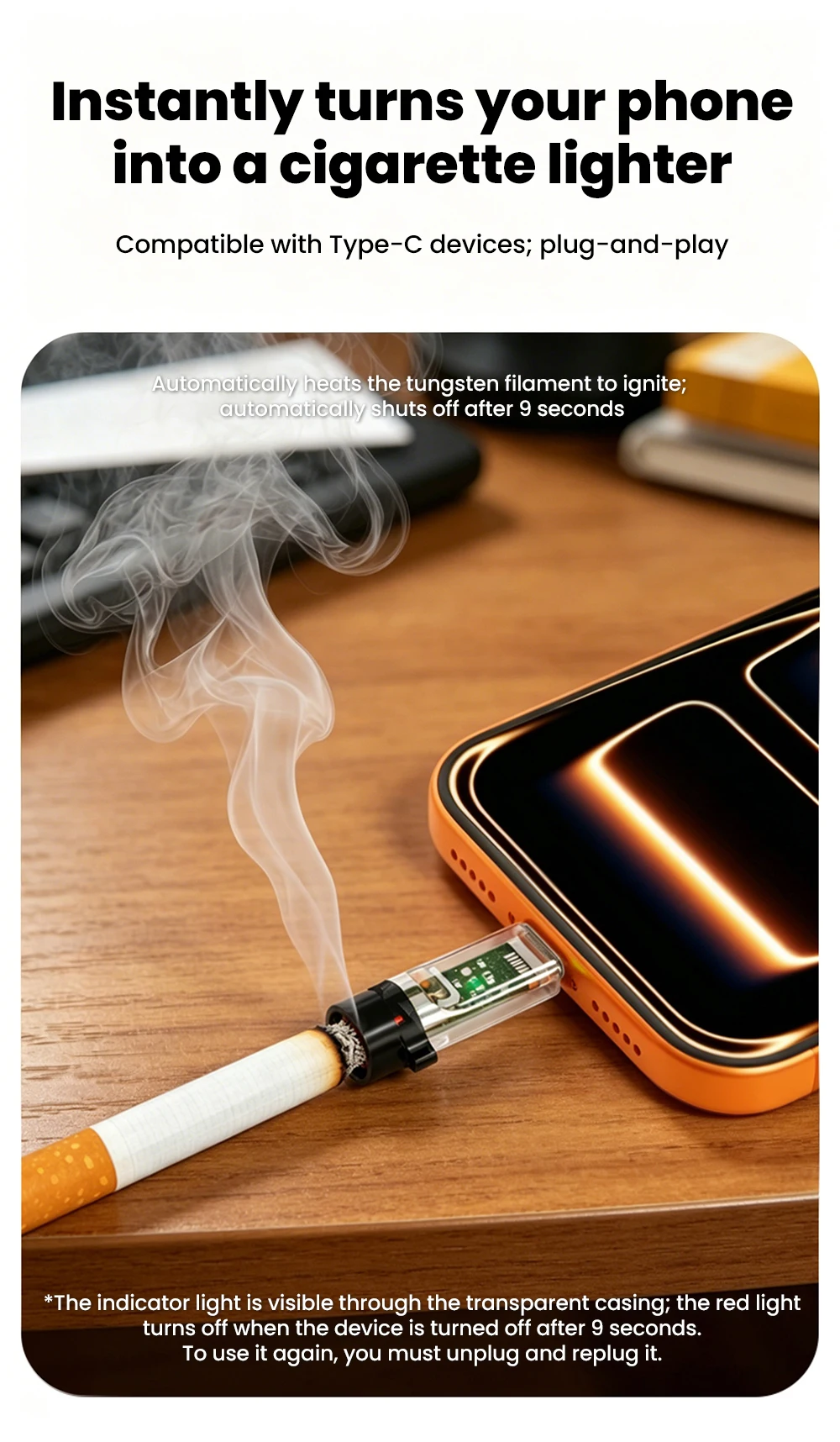 Tragbarer Mini Typ-C Handy-Zigarettenanzünder-Adapter, Windfester Outdoor-USB-C-Zigarettenanzünder für iPhone 15 16 17 – Detail 6