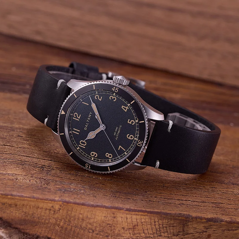 Baltany S2076 Mens Automatic Khaki Pilot Watch 38mm Retro Military Aviation Flight Glowing Ceramic Bezel Leather Everyday Wear
