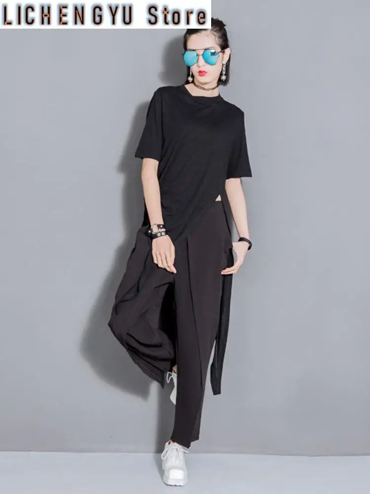 Women White Solid Color Asymmetrical Vent Long T-shirt New Round Neck Short Sleeve  Fashion Tide  Spring Summer