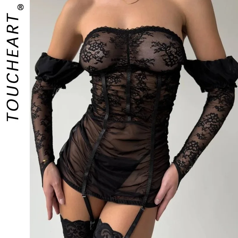 

Toucheart Mesh Embroidery Floral Interesting Sexy Night Skirt Set Black Slash Neck Plunge Patchwork See-through Sexy Night Skirt