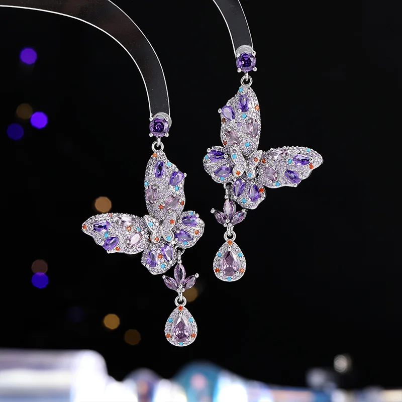 

Высококачественные тяжелые серьги с красочными бабочками и нишевым дизайном S925, серебряные иглы, длинный стиль, индивидуальный сладкий свет, роскошные серьги