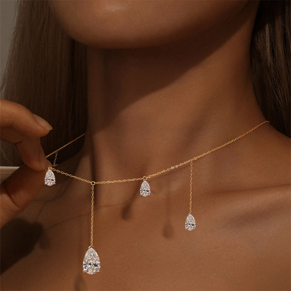 Teardrop Moissanite Tassel Necklace for Women S925 Silver 0.5/2Carat Pear Cut Lab Diamond Long Drop Charm Neckchain with GRA