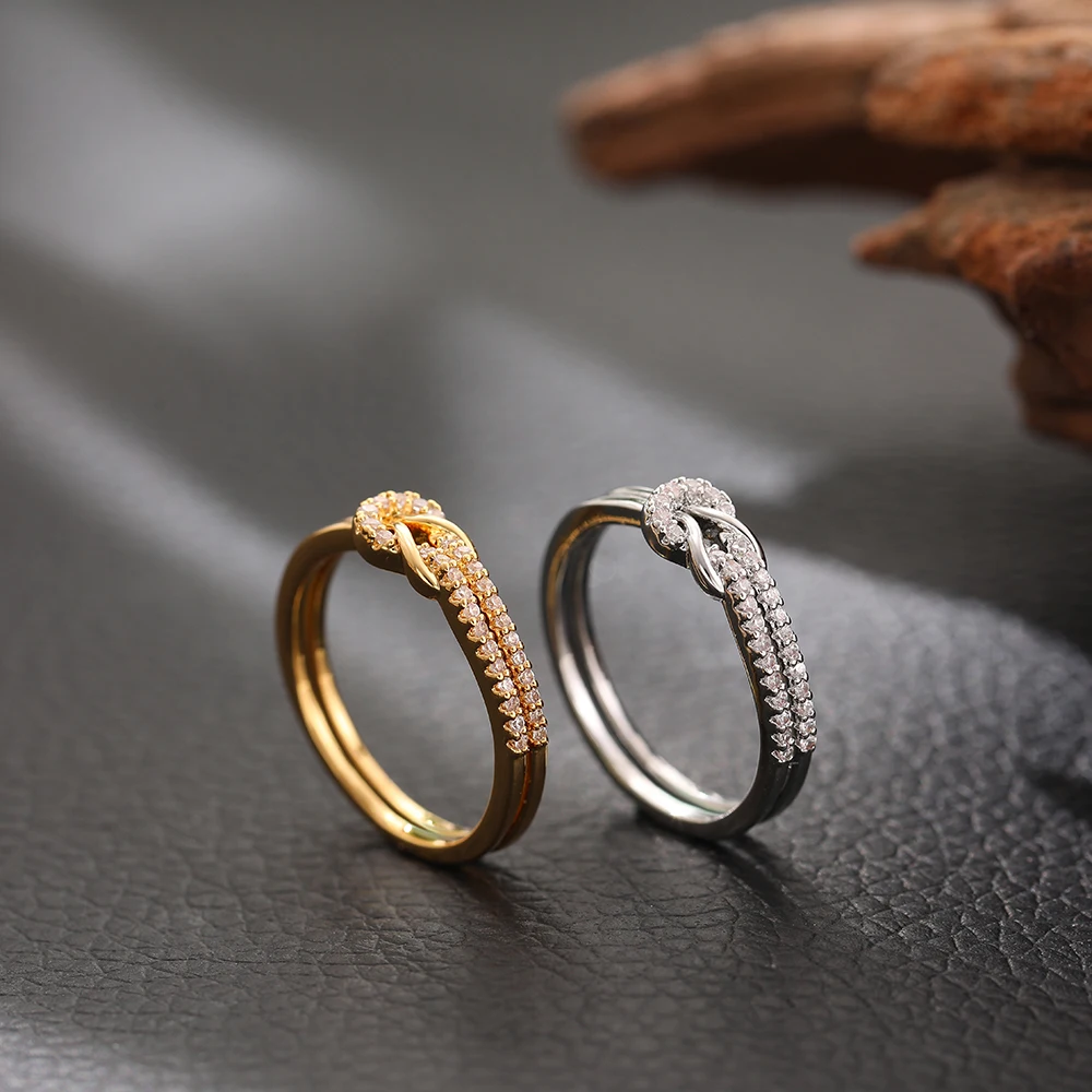 Simple Bilayer Geometric Knot Couple Rings Luxury Shinny Zircon Bride Engagement Wed Jewelry Accessories