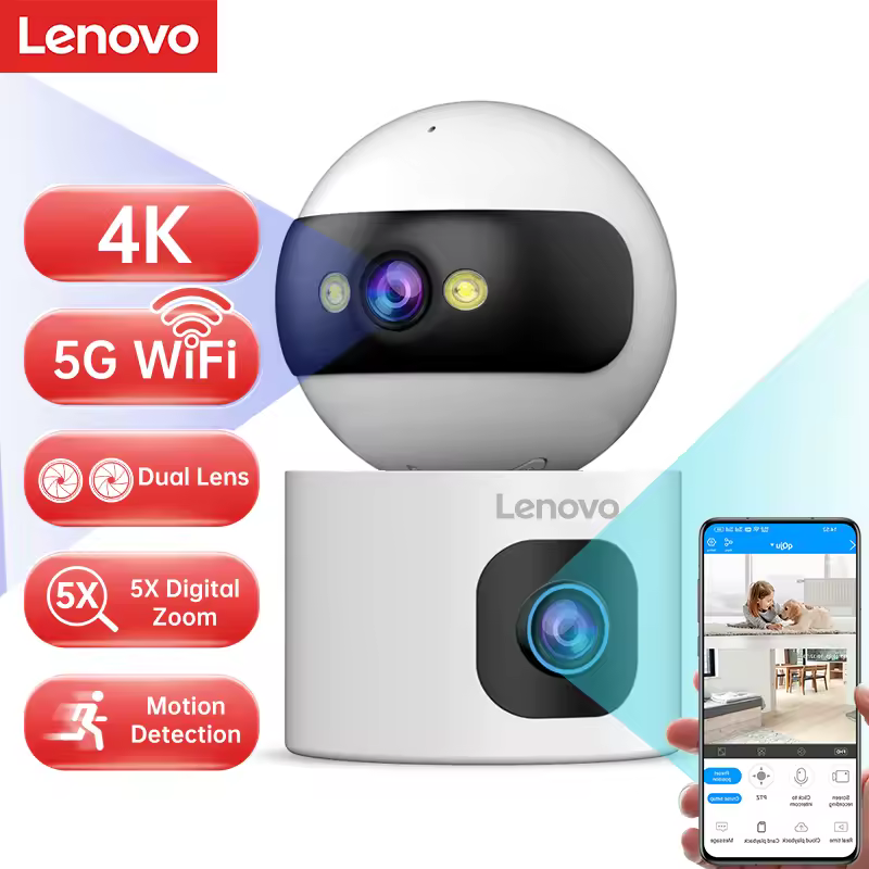 Lenovo 4K PTZ WiFi камера с двумя объективами для домашнего внутреннего видеонаблюдения, автоматического слежения, защиты и умного детского монитора.