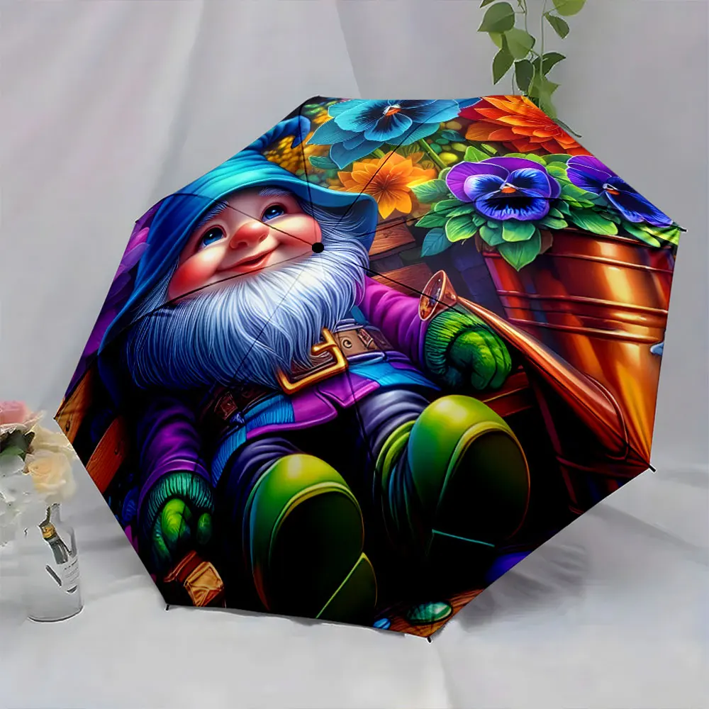 1PC Colorful Gnome and Flowers Printed Umbrella Print 8 Iron Ribs Folding Umbrella Auto-Open Fashion Sunshade