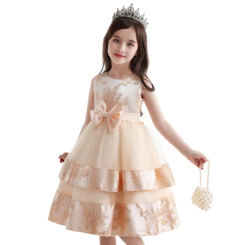 

Gold Bow New Fashion Mesh Children's Dress A-Line Pearl Embroidered Dress Elegant Baby's Dresses Festive Party Tops