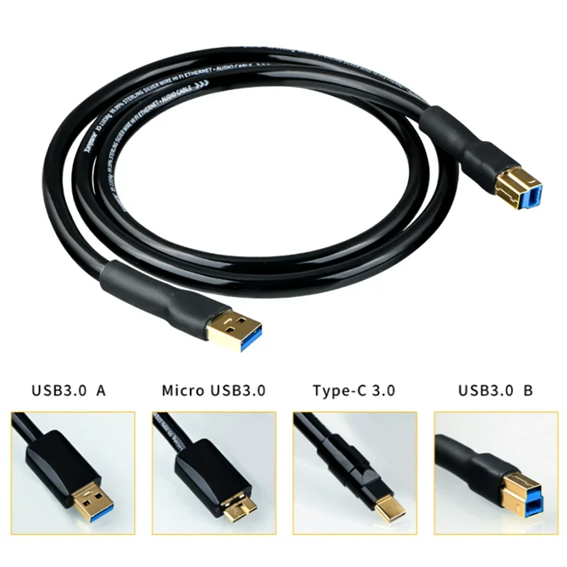 Pure Silver Data Cable Type-C Decoder Cable USB A To B 3.0 / Micro B 3.0 Mobile Hard Disk High-speed DAC Audio Digital Cables