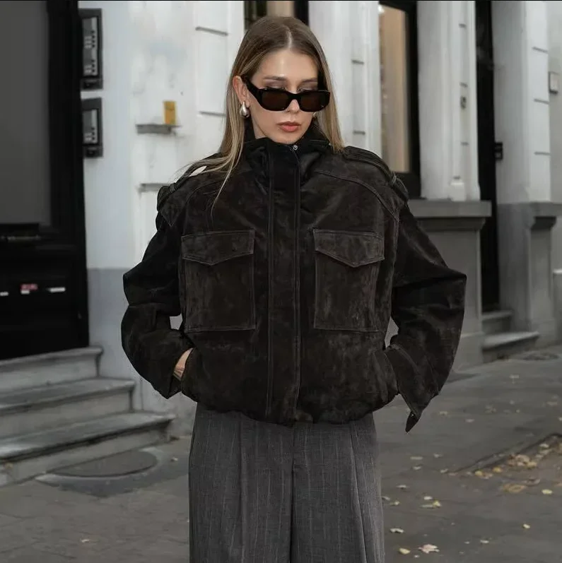 

Winter Woman Bomber Jackets Zip Faux Suede Jacket Overcoat Female Stand Collar Big Pockets Long Sleeve Coat Chic Outerwears