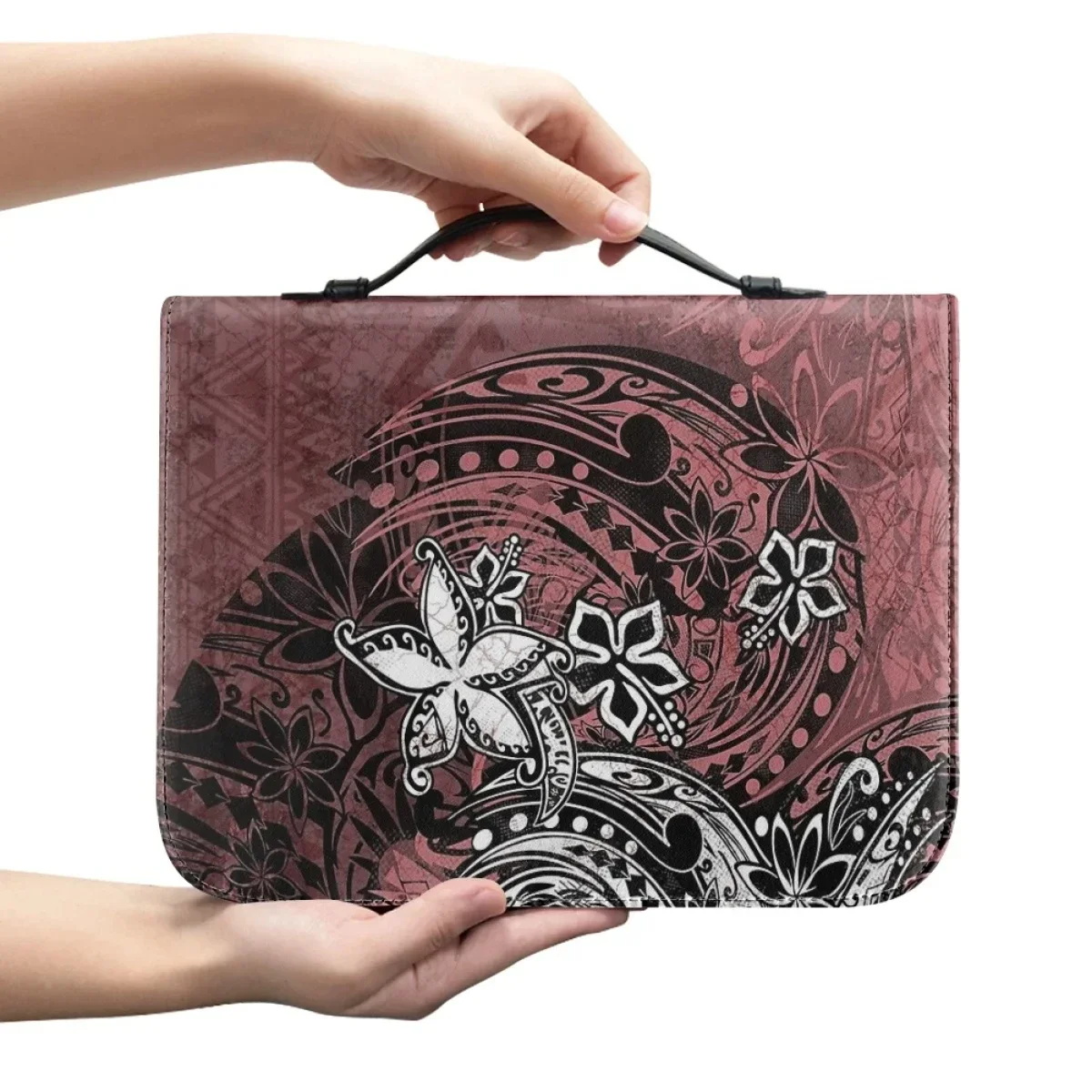 Polynesian Frangipani Print Bible Bag Women Leather Bible Cover Case Fashion Bible Bag Zipper Handle Handbags Bibles Storage Bag