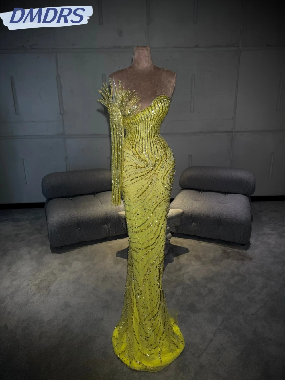 

Yellow Embroidery Beaded Mermaid Long Evening Dress Elegant One Shoulder Wedding Party Gown Customized Exquisite Prom Dresses