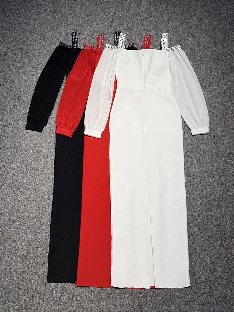 Robes de soirée blanches élégantes à manches longues avec manches bouffantes transparentes et encolure carrée pour les fêtes formelles et les occasions spéciales