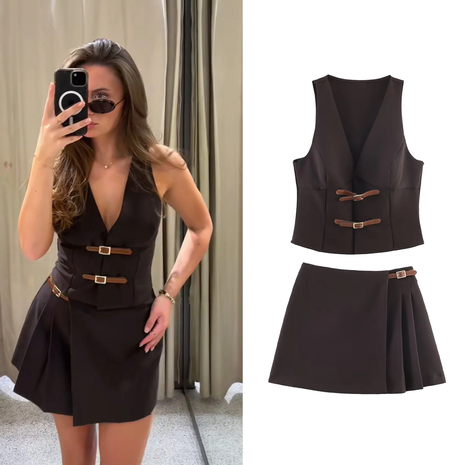 Completi gonna corta da donna primavera estate, sexy, scollo a V, senza maniche, con fibbia, o gonne mini a pieghe da donna