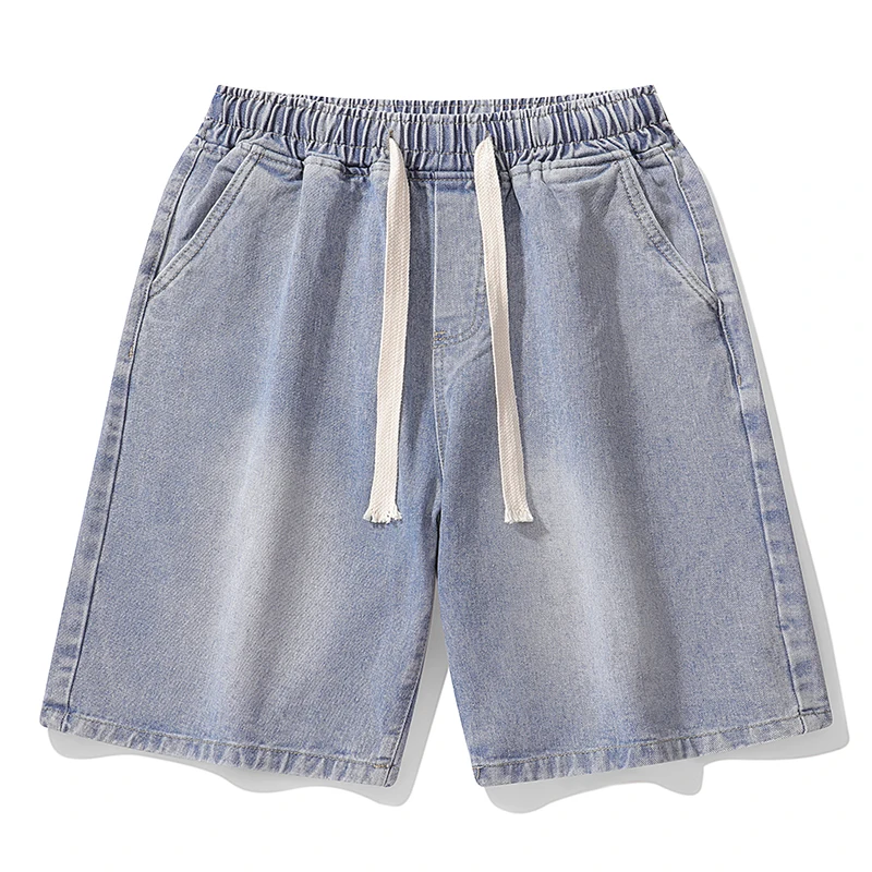Street Trend Loose Straight Thin Denim Bermuda Shorts For Men Full Elastic Waist All Match Casual Bottoms