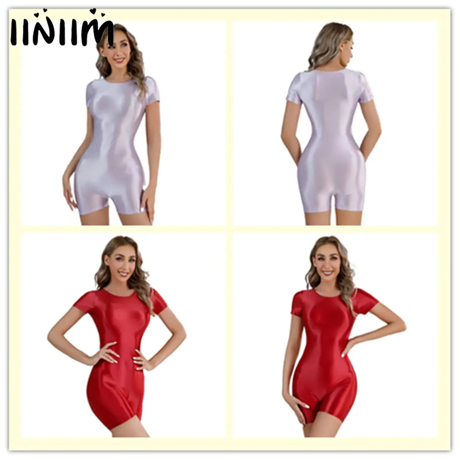 Womens Oil Glossy Swimsuit One Piece Short Sleeve Round Neck Bodysuit Swimwear Sport Running Yoga Swimming Tights Jumpsuit